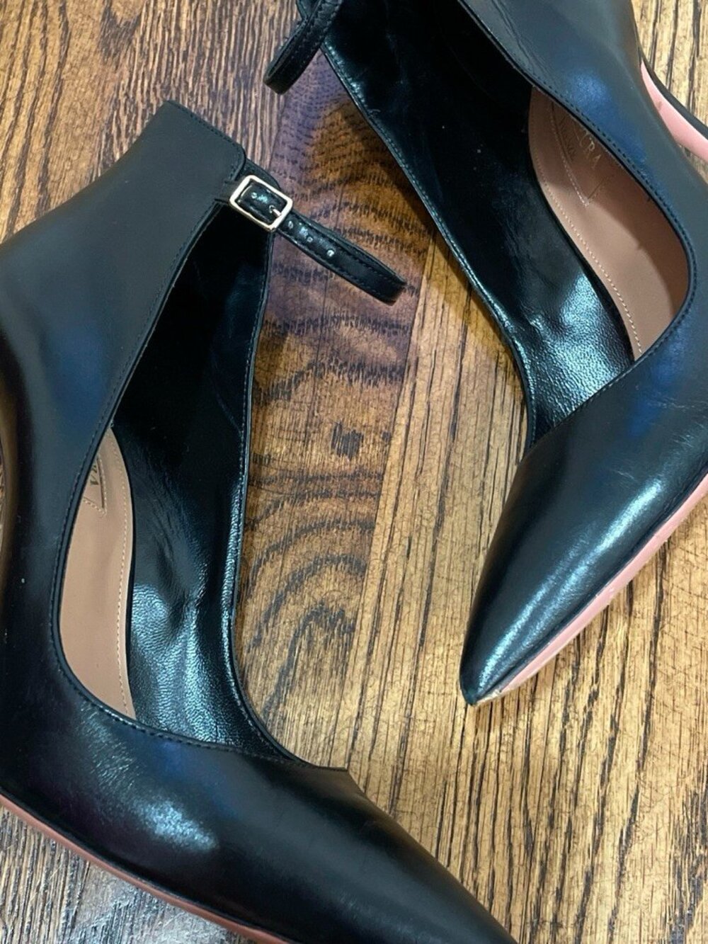 Aquazzura Sharon Pump black leather ankle strap stiletto heels